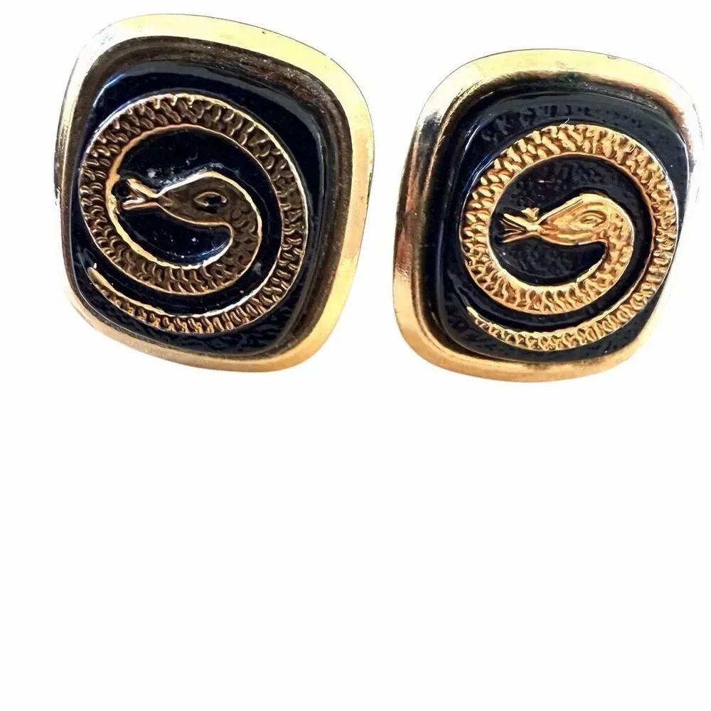 Gold Tone Black Enamel Snake Cufflinks Vintage